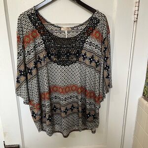 Lavish Graphic Black and Orange Dolman Sleeve Blouse